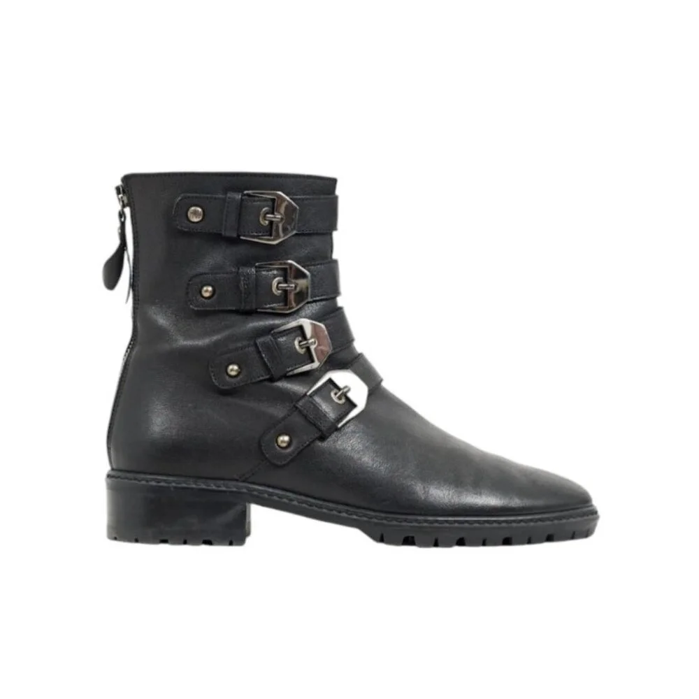 Stuart Weitzman Jitterbug Boot Leather Moto Four Buckle Black Round Toe Ankl 8